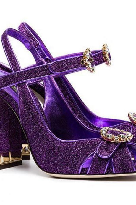 Purple Sequin Buckle Peep Toe Chunky Heel Sandals