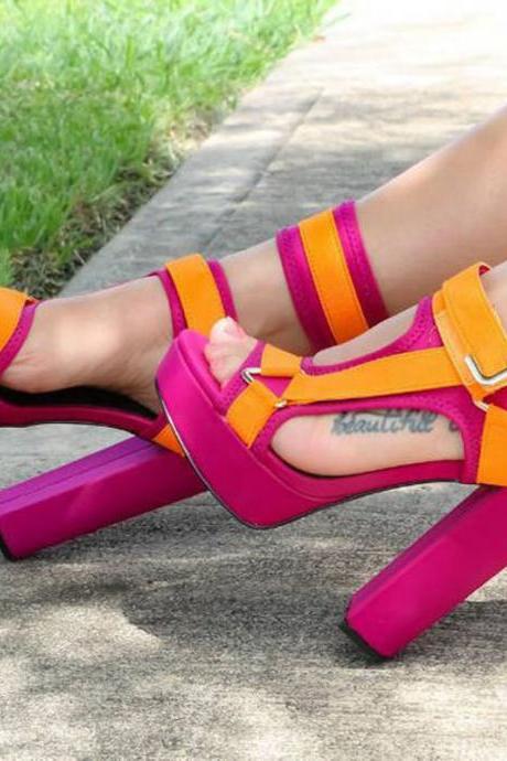 Fashion Colorblock Buckles Platform Chunky Heel Sandals