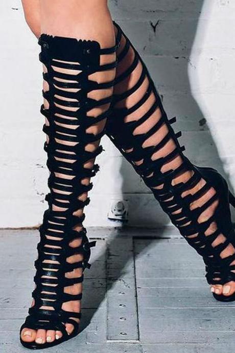 Leather Cutout Open Toe High Heel Gladiators Knee High Boots