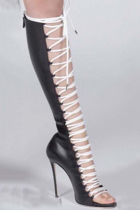 Leather Strap Open Toe Cutout High Heel Knee High Boots