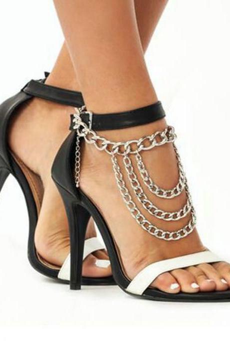 Black Leather Chain Buckle High Heel Sandals