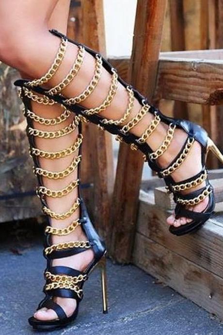 Summer Leather Chain Cutout High Heel Knee High Boots