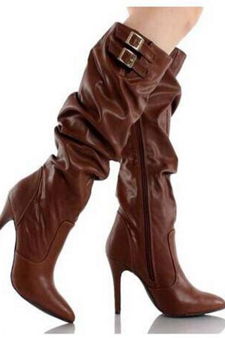 Leather Buckle Ruched High Heel Knee High Boots