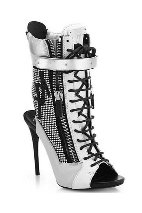 Party Gray Strap Zipper Open Toe High Heel Ankle Boots