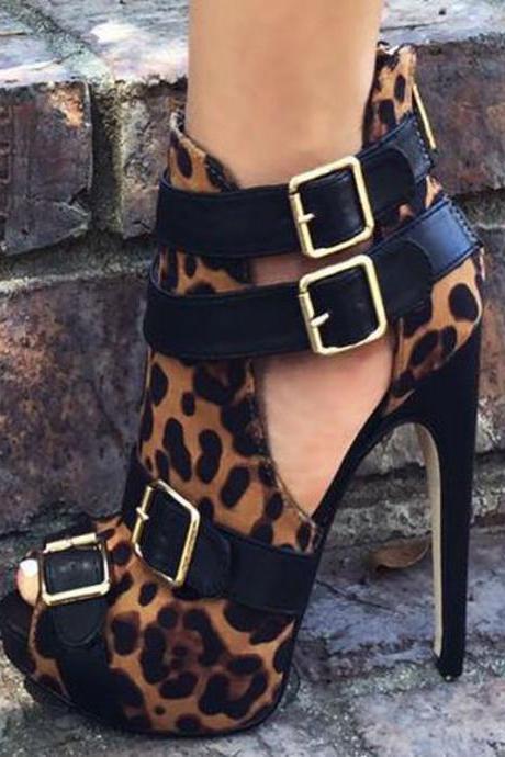 Leopard Peep Toe Platform High Heel Ankle Boots