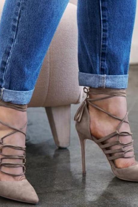 Gray Suede Strap Point Toe High Heels