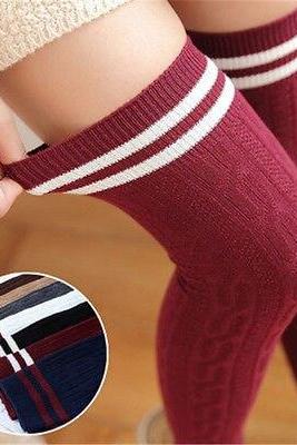 Women's Top Sexy Sweet Solid Color Knit Cotton Breathable Over The Knee Long Striped Thigh High Stocking High Elastic Underwear