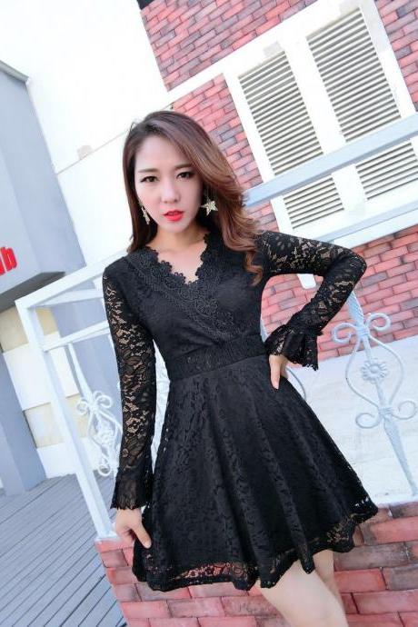 Sexy Deep V Neck Long Sleeve Lace Party Dress