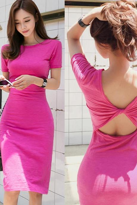 Pink Open Back Short Sleeve Midi Bodycon Dress