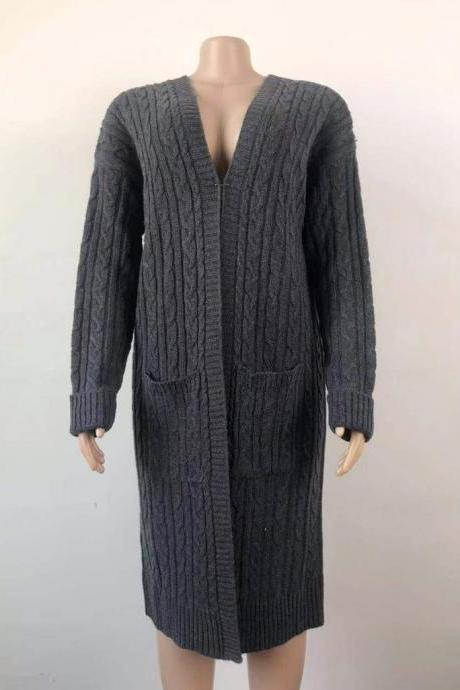 Dark Gray Cable Knitted Warm Sweater Cardigan