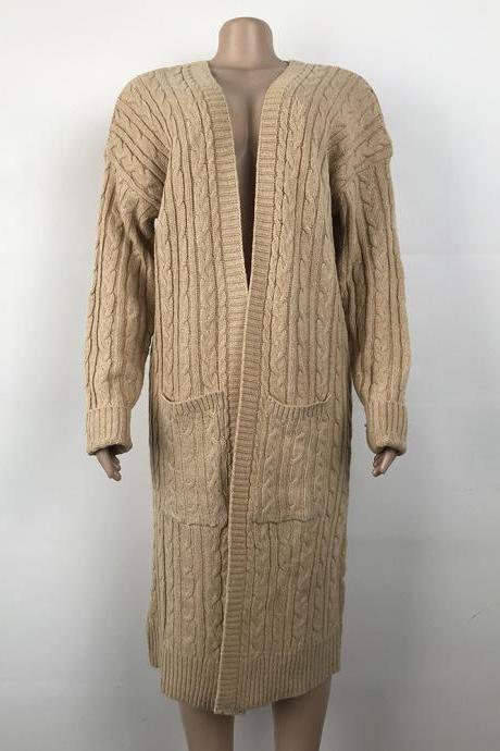 Khaki Cable Knitted Warm Sweater Cardigan