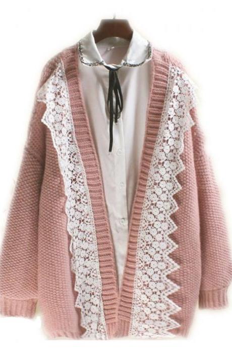 Free Shipping Lace Pink Open Front Knitted Long Cardigan