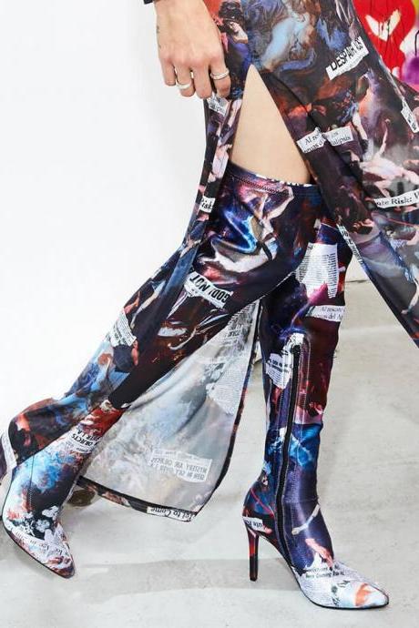 Multi Party Stretch Print Point Toe Zipper Over Knee Boots