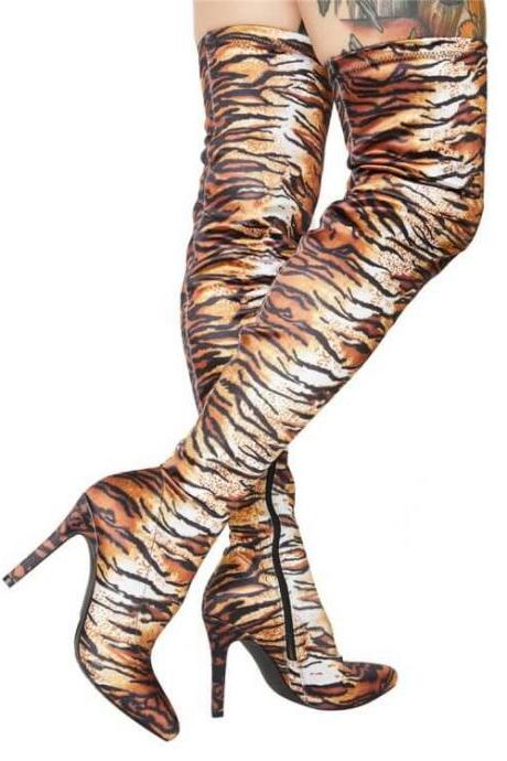 Tiger Party Stretch Print Point Toe Zipper Over Knee Boots