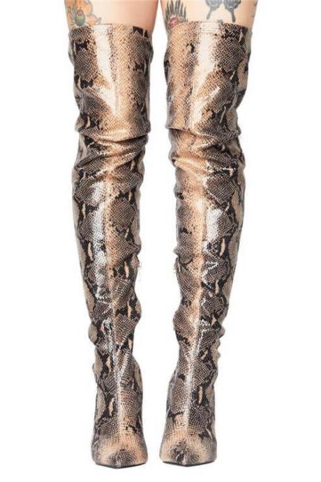 Snakeskin Party Stretch Print Point Toe Zipper Over Knee Boots
