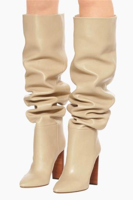 Pu Point Toe Fold High Heel Knee High Boots