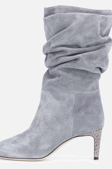 Gray PU Point Toe Fold High Heel Calf Boots