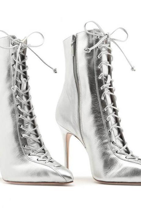 Silver Party Pu Point Toe Strap High Heel Ankle Boots
