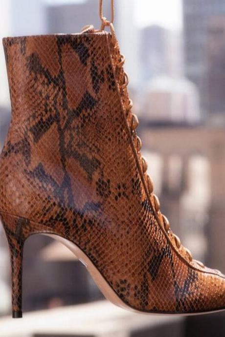 Sexy Brown Pu Snakeskin Point Toe Strap High Heel Ankle Boots