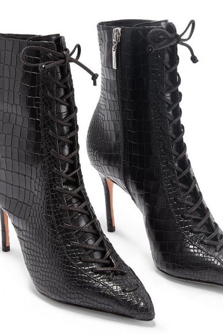 Sexy Pu Snakeskin Point Toe Strap High Heel Ankle Boots