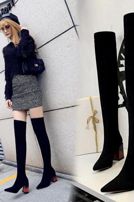 Black Suede Point Toe Chunky Heel Over Knee Boots