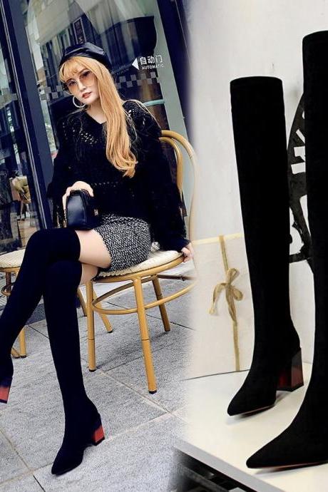 Black Inside Suede Point Toe Chunky Heel Over Knee Boots