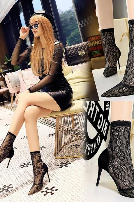 Sexy Black Lace Point Toe Stretch High Heel Ankle Boots