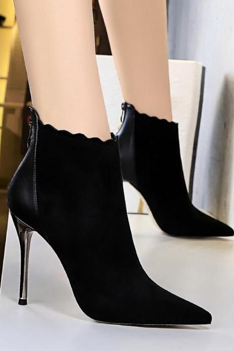 Black Suede Pu Point Toe Zipper High Heel Ankle Boots