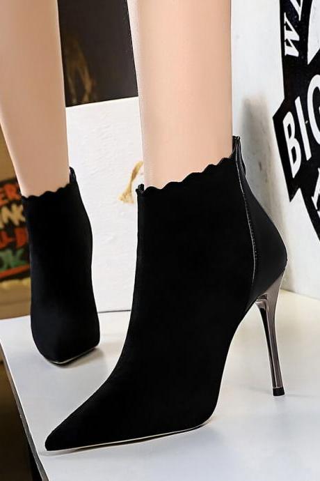 Black Inside Suede Pu Point Toe Zipper High Heel Ankle Boots