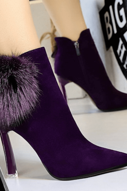 Purple Suede Fur Point Toe Zipper High Heel Ankle Boots