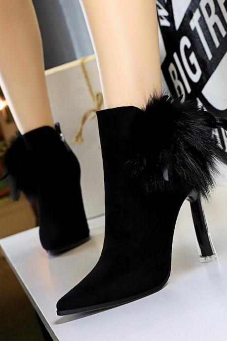 Black Suede Fur Point Toe Zipper High Heel Ankle Boots