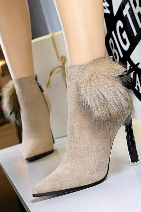 Khaki Suede Fur Point Toe Zipper High Heel Ankle Boots