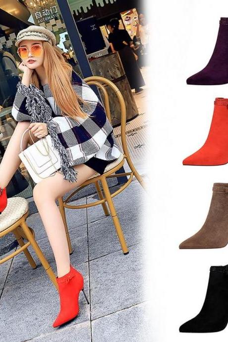 Suede Rhinestone Point Toe Zipper High Heel Ankle Boots