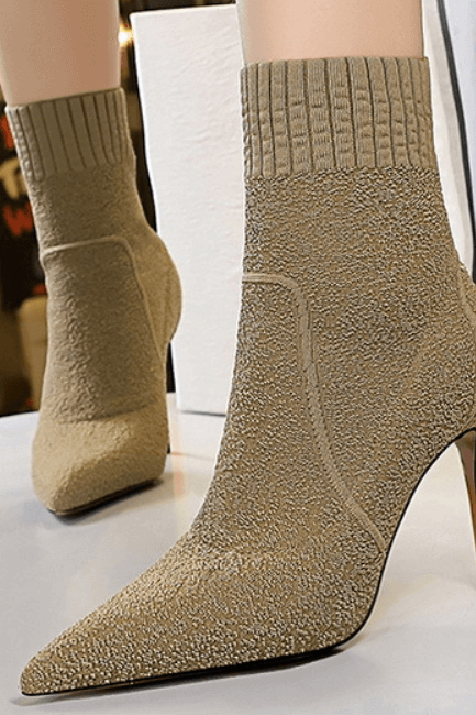 Khaki Wool Plain Point Toe High Heel Calf Boots