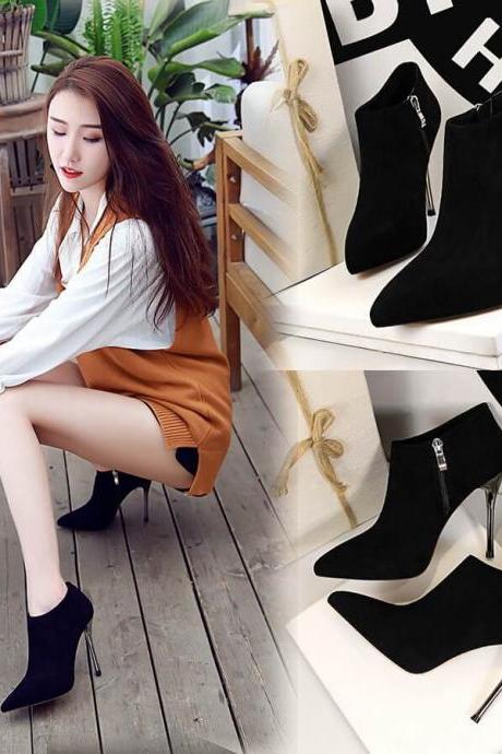 Black Winter Suede Point Toe Zipper High Heel Ankle Boots
