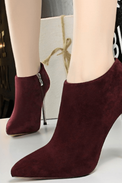 Wine Red Winter Suede Point Toe Zipper High Heel Ankle Boots