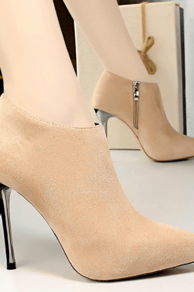 Apricot Winter Suede Point Toe Zipper High Heel Ankle Boots