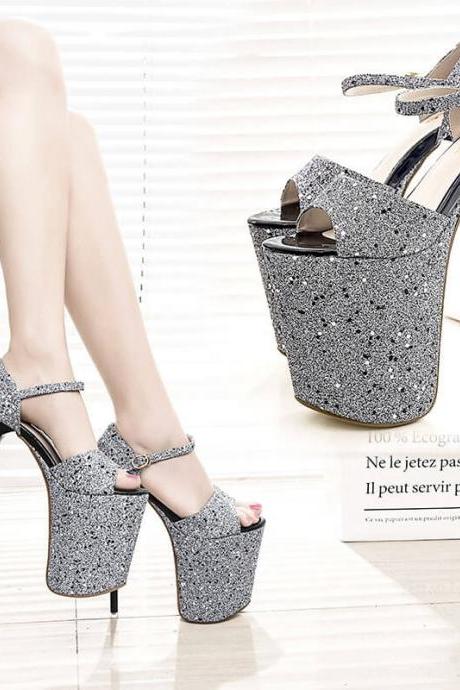 Gray Club Sequin Platform Peep Toe High Heel Sandals