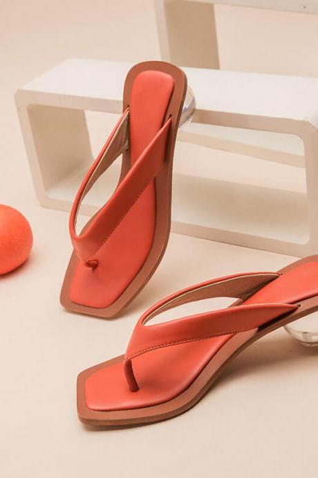 Orange PU Thong Square Toe Special Shaped Heel Sandals