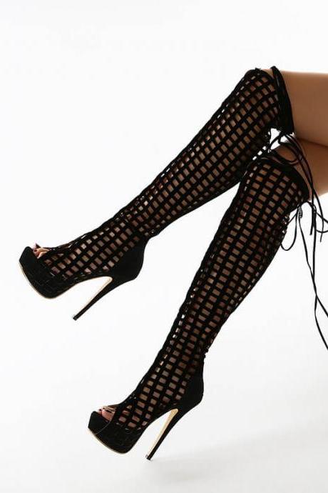 Black Peep Toe Platform High Heel Cutout Over Knee Sandals