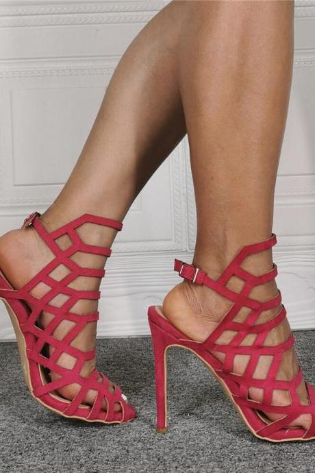 Red Cutout Peep Toe Suede High Heel Sandals