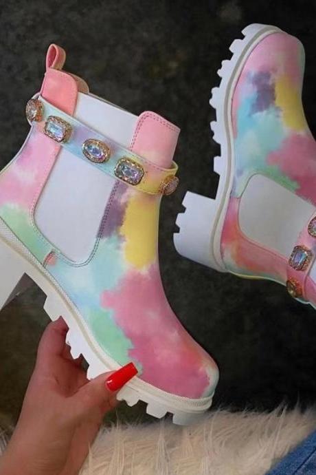 Colorful Rhinestone Watercolour Heeled Chelsea Boots