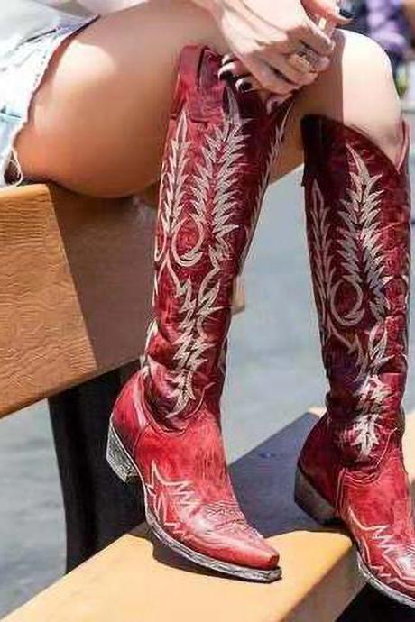 Vintage Women Knee Mid-Calf Boots Leather Riding Cowgirl Boots