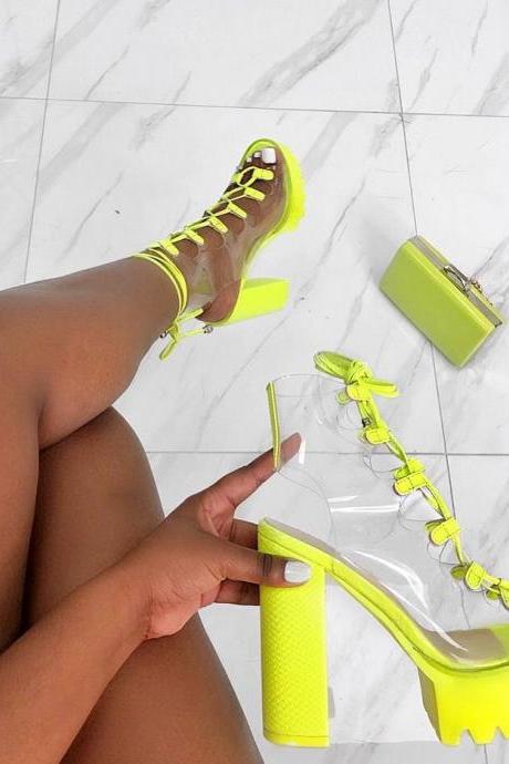 Candy Transparent Pvc Thick Heel Boots-fluorescent Green