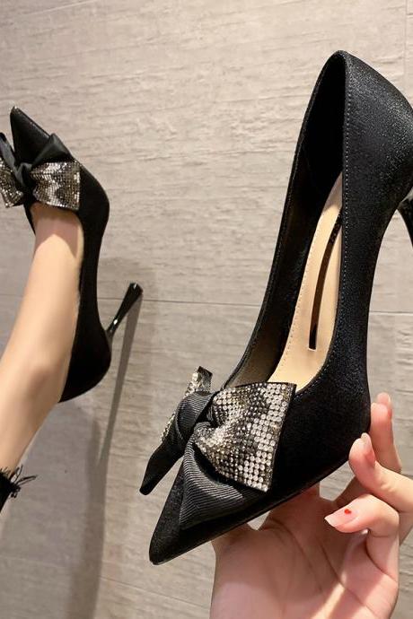 Silk Bow Diamond Shoes-black