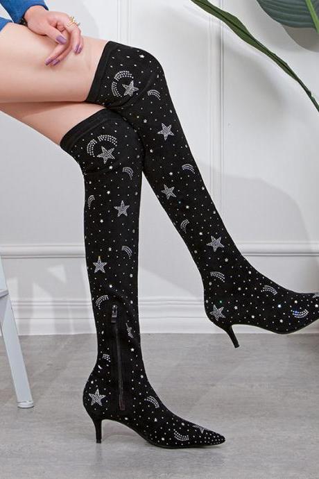 Pointed suede water drill Knee Boots