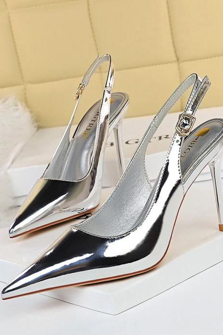 Metal Heel Cut Out Back Strap Shoes-silvery