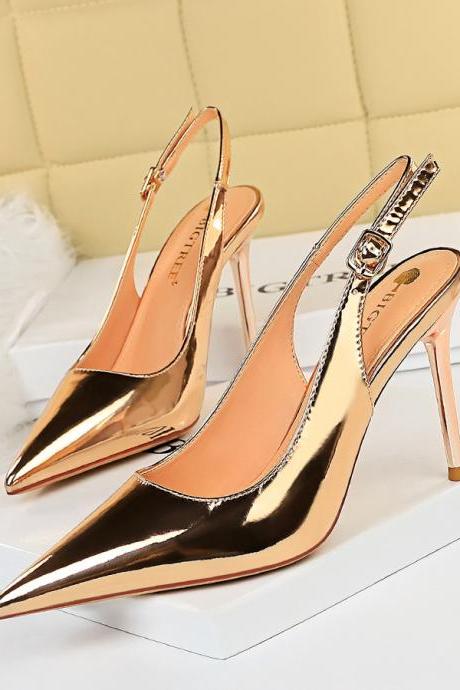Metal Heel Cut Out Back Strap Shoes-champagne