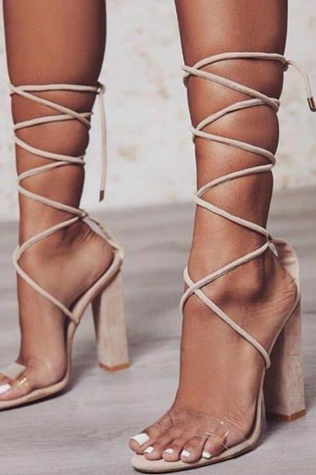 Strapped High Heeled Sandals-beige