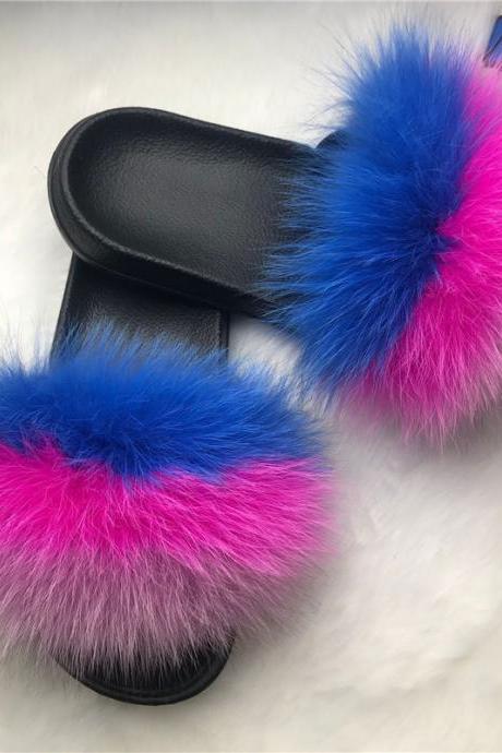 Color Matching Large Fur Real Natural Fox Fur Slides Colorful Fluffy Fur Slides Sandals Slippers Fashion Women Shoes-2